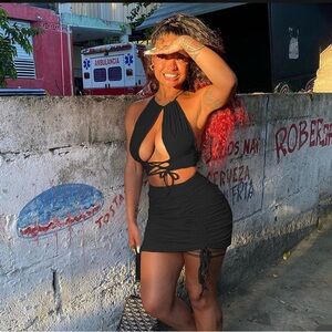 Black Halter Cut-Out 2 piece top and skirt